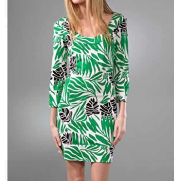 Diane Von Furstenberg 100% Silk Sheath Dress Palm Floral Print Sz 6 3/4 Sleeve - Picture 1 of 11